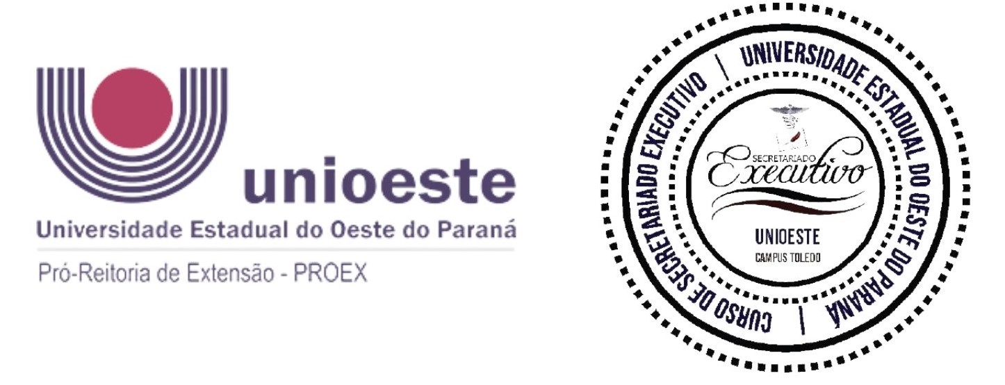 DescriçãoImagem Logomarcas da Proex ao lado Logo do Curso Secretariado Executivo da Unioeste. 