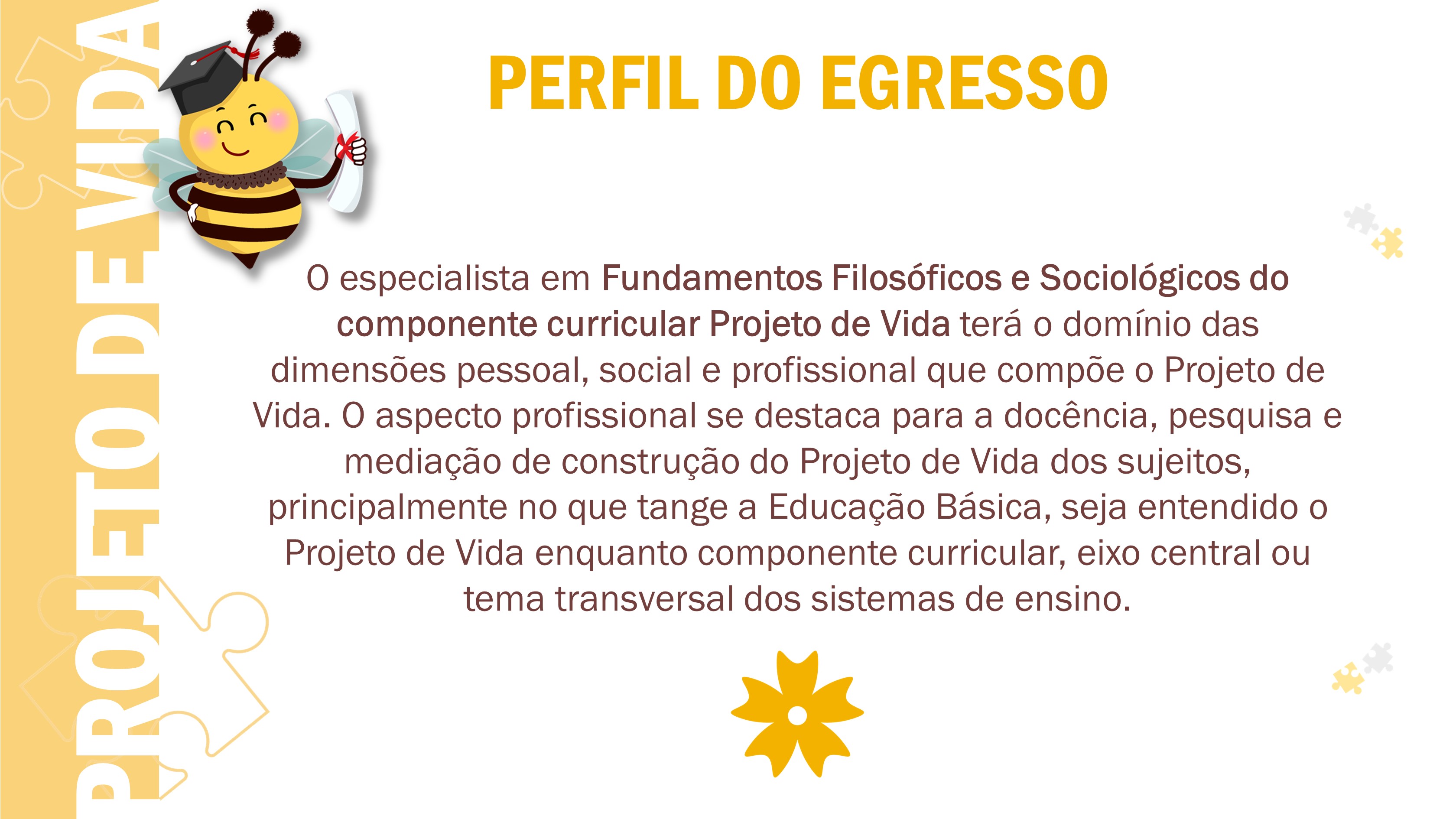 O especialista em Fundamentos Filosóficos e Sociológicos do componente curricular Projeto de Vida terá o domínio das dimensões pessoal, social e profissional que compõe o Projeto de Vida. O aspecto profissional se destaca para a docência, pesquisa e mediação de construção do Projeto de Vida dos sujeitos, principalmente no que tange a Educação Básica, seja entendido o Projeto de Vida enquanto componente curricular, eixo central ou tema transversal dos sistemas de ensino.