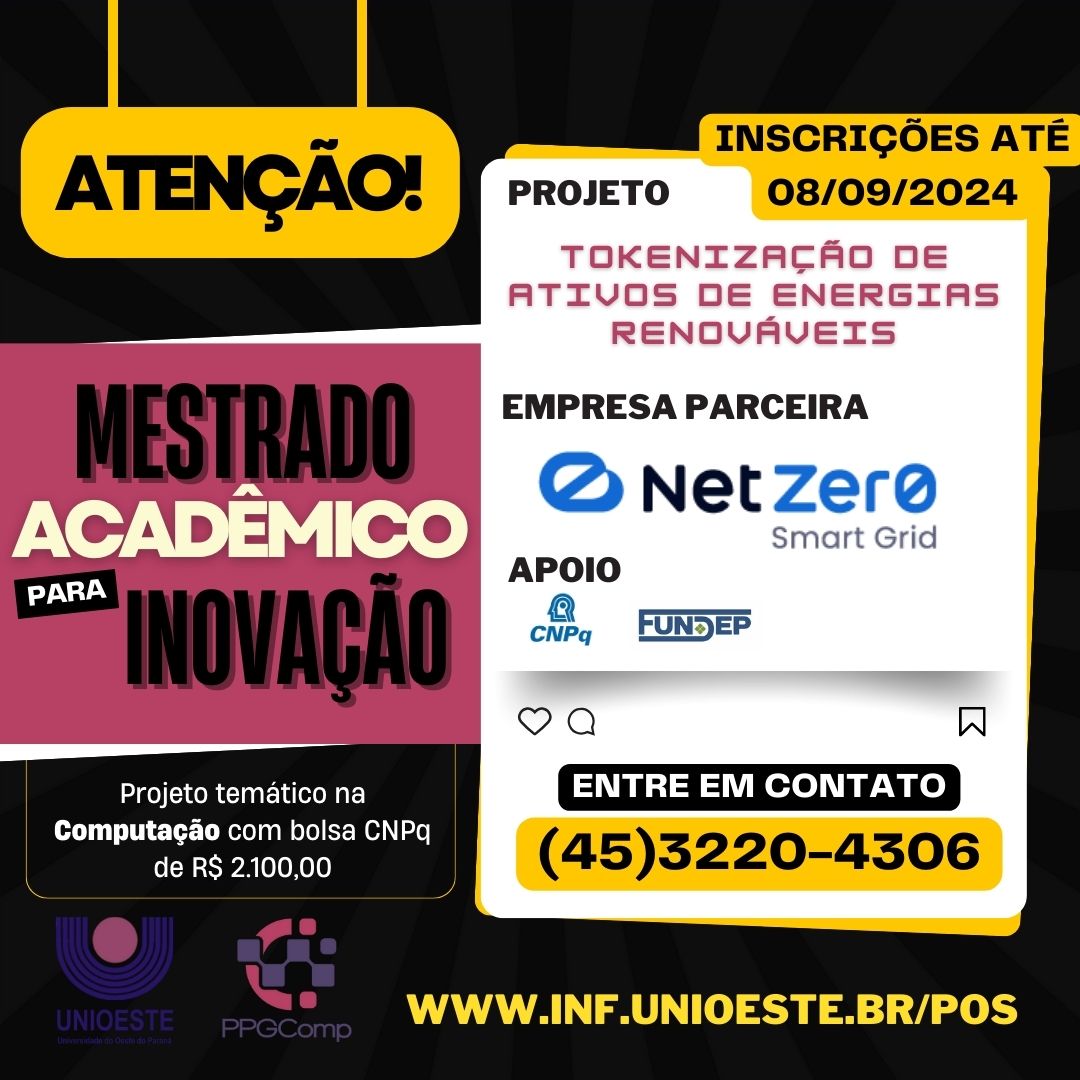 Inscrições para o Projeto "Tokenização de ativos de energias renováveis" até 08/set/2024